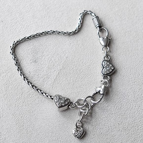 Brighton Charm Bracelet Pave Crystal Hearts Silver Plated Double Clasp 7-8" - Picture 1 of 5